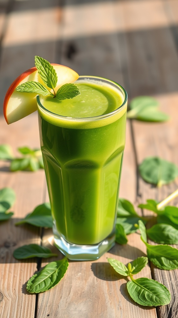 A glass of spinach and apple juice garnished with an apple slice and mint on a wooden table.